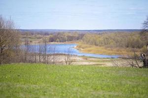 ein schön Landschaft von eben Terrain mit Wald Wiesen und ein Blau Fluss. foto