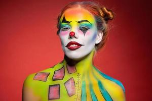 nett jung Frau mit ein aqua bilden Clown foto