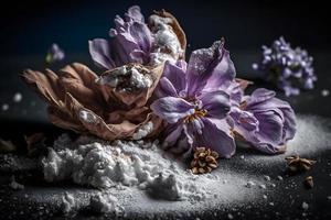 hausgemacht und lecker gebraten lila Blume mit pulverisiert Zucker Essen Fotografie foto