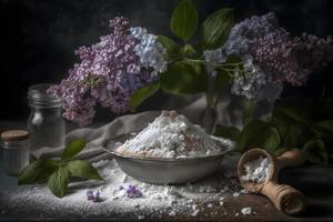 Vorbereitung zum gebraten lila Blume mit pulverisiert Zucker. Süss Dessert Fotografie foto