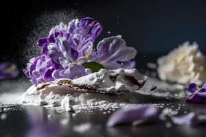 Vorbereitung zum gebraten lila Blume mit pulverisiert Zucker. Süss Dessert Fotografie foto