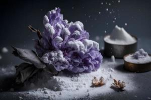 Vorbereitung zum gebraten lila Blume mit pulverisiert Zucker. Süss Dessert Fotografie foto
