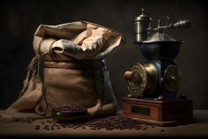 Arabisch Kaffee Bohnen im Tasche und Schleifer mit Boden Kaffee trinken Fotografie foto