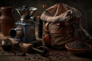 Arabisch Kaffee Bohnen im Tasche und Schleifer mit Boden Kaffee trinken Fotografie foto