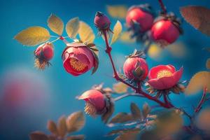 schön Frühling Grenze, Blühen Rose Busch auf ein Blau Hintergrund. blühen Rose Hüften gegen das Blau Himmel foto