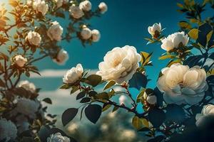 Weiß Busch Rosen auf ein Hintergrund von Blau Himmel im das Sonnenlicht. schön Frühling oder Sommer- Blumen- Hintergrund foto