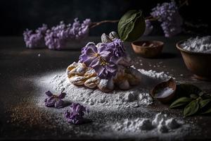 hausgemacht und lecker gebraten lila Blume mit pulverisiert Zucker Essen Fotografie foto