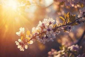 Frühling blühen Hintergrund. Natur Szene mit Blühen Baum und Sonne aufflackern. Frühling Blumen. schön Obstgarten Fotografie foto