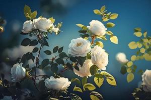 Weiß Busch Rosen auf ein Hintergrund von Blau Himmel im das Sonnenlicht. schön Frühling oder Sommer- Blumen- Hintergrund foto