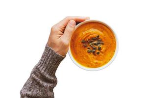 292 Hand halten ein Weiß Schüssel mit Tomate Suppe isoliert auf ein transparent Hintergrund foto