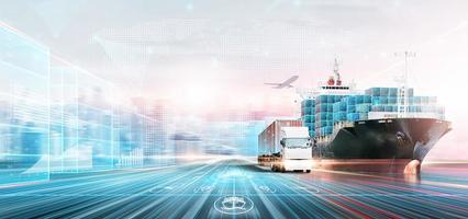 Clever Logistik Digital Marketing Technologie Konzept, doppelt Exposition Polygon Drahtmodell von Container Ladung Fracht Schiff, Ebene, LKW, Wachstum Graph, modern Zukunft importieren Export Transport Hintergrund foto