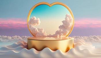 Gold Podium Produkt Anzeige Bühne Hintergrund Plattform oder Sockel mit Wolken um es und Liebe Herz foto