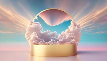 Gold Podium Produkt Anzeige Bühne oder Stand Hintergrund Plattform Beförderung mit Wolken um es foto