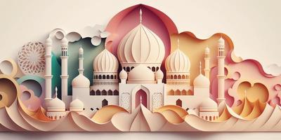 Illustration von Moschee mit Papier Schnitt Stil mit Pastell- Farbe planen. foto
