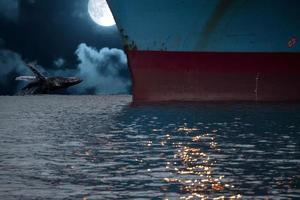 Buckel Wal verletzen beim Nacht auf voll Mond Hintergrund neuar Schiff Braue foto