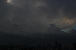 Sonnenuntergang dunkel Blau Wolke mit Weiß golden Licht Himmel Hintergrund und Stadt Licht Mitternacht Abend Zeit foto