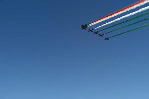 Frecce dreifarbig Italien akrobatisch Flug Mannschaft Italienisch Flagge rot Weiß und Grün Rauch foto