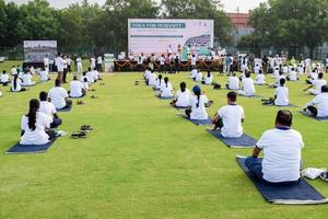 neu-delhi, indien, 21. juni 2022 - gruppen-yoga-übungssitzung für menschen im yamuna-sportkomplex in delhi am internationalen yoga-tag, große gruppe von erwachsenen, die an yoga-kursen im cricket-stadion teilnehmen foto