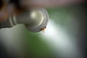 Öffnen Sie den Wasserhahn im Freien aus nächster Nähe foto