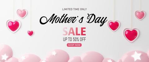 3d rendering.mother's Tag Verkauf Banner mit Herz geformt Luftballons. Urlaub Illustration Banner. zum Mutter Tag Design foto