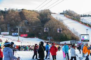 Menschen, die auf Schnee mit Skilift-Straßenbahnen im Hintergrund an der vivaldi Park-Skiwelt in Korea gehen und spielen