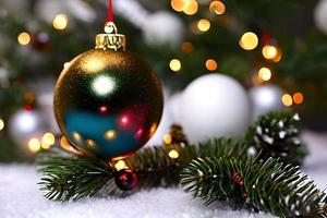 hängend Gold Ball Weihnachten Ornament Dekoration beim das Weihnachten Baum. Hintergrund zum saisonal Grüße. foto