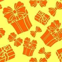 nahtlos asymmetrisch Muster von Orange Geschenk Kisten auf ein Gelb Hintergrund, Textur, Hintergrund foto