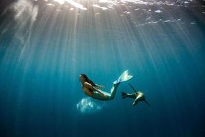 Meerjungfrau, die mit einem Siegel im tiefblauen Meer unter Wasser schwimmt foto