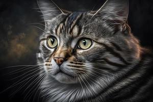 Porträt von ein schön grau gestreift Katze schließen oben Fotografie foto