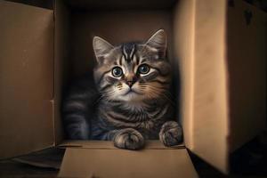 Porträt süß grau Tabby Katze im Karton Box auf Fußboden beim Zuhause Fotografie foto