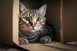 Porträt süß grau Tabby Katze im Karton Box auf Fußboden beim Zuhause Fotografie foto