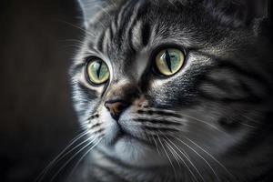 Porträt von ein schön grau gestreift Katze schließen oben Fotografie foto