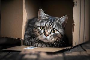 Porträt süß grau Tabby Katze im Karton Box auf Fußboden beim Zuhause Fotografie foto