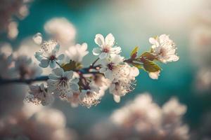 Fotos Geäst von blühen Kirsche Makro mit Sanft Fokus auf sanft Licht Blau Himmel Hintergrund im Sonnenlicht mit Kopieren Raum. schön Blumen- Bild von Frühling Natur, Fotografie