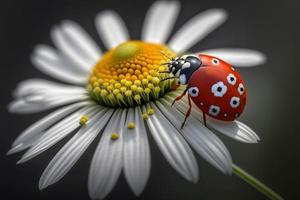 Foto rot Marienkäfer auf Kamille Blume, Marienkäfer kriecht auf Stengel von Pflanze im Frühling im Garten im Sommer, Fotografie