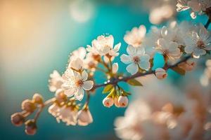 Fotos Geäst von blühen Kirsche Makro mit Sanft Fokus auf sanft Licht Blau Himmel Hintergrund im Sonnenlicht mit Kopieren Raum. schön Blumen- Bild von Frühling Natur, Fotografie