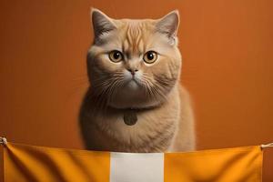Porträt Porträt von ein Katze schottisch Gerade mit ein Banner im Pfoten auf ein Orange Hintergrund Fotografie foto
