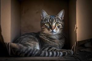 Porträt süß grau Tabby Katze im Karton Box auf Fußboden beim Zuhause Fotografie foto