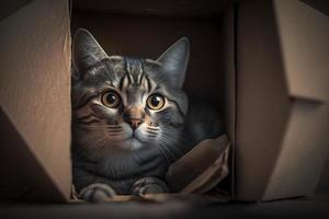 Porträt süß grau Tabby Katze im Karton Box auf Fußboden beim Zuhause Fotografie foto