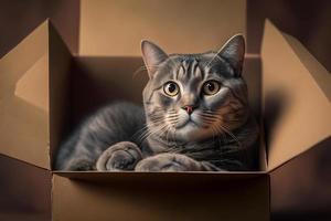 Porträt süß grau Tabby Katze im Karton Box auf Fußboden beim Zuhause Fotografie foto