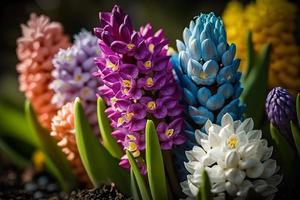 Foto groß Blume Bett mit mehrfarbig Hyazinthen, traditionell Ostern Blumen, Blume Hintergrund, Ostern Frühling Hintergrund