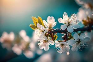 Fotos Geäst von blühen Kirsche Makro mit Sanft Fokus auf sanft Licht Blau Himmel Hintergrund im Sonnenlicht mit Kopieren Raum. schön Blumen- Bild von Frühling Natur, Fotografie