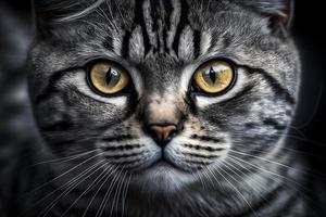 Porträt von ein schön grau gestreift Katze schließen oben Fotografie foto