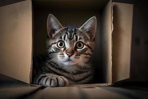 Porträt süß grau Tabby Katze im Karton Box auf Fußboden beim Zuhause Fotografie foto