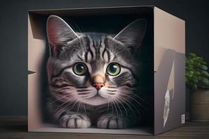 Porträt süß grau Tabby Katze im Karton Box auf Fußboden beim Zuhause Fotografie foto