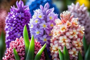 Foto groß Blume Bett mit mehrfarbig Hyazinthen, traditionell Ostern Blumen, Blume Hintergrund, Ostern Frühling Hintergrund