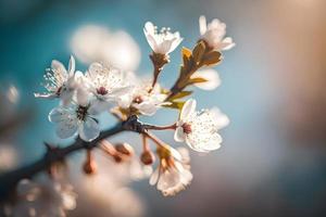 Fotos Geäst von blühen Kirsche Makro mit Sanft Fokus auf sanft Licht Blau Himmel Hintergrund im Sonnenlicht mit Kopieren Raum. schön Blumen- Bild von Frühling Natur, Fotografie