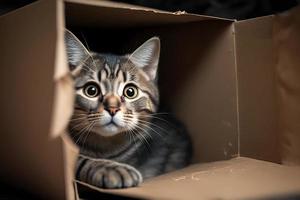 Porträt süß grau Tabby Katze im Karton Box auf Fußboden beim Zuhause Fotografie foto