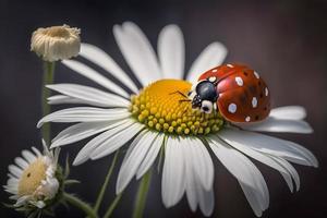 Foto rot Marienkäfer auf Kamille Blume, Marienkäfer kriecht auf Stengel von Pflanze im Frühling im Garten im Sommer, Fotografie