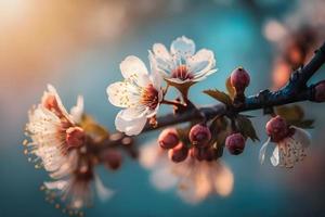 Fotos Geäst von blühen Kirsche Makro mit Sanft Fokus auf sanft Licht Blau Himmel Hintergrund im Sonnenlicht mit Kopieren Raum. schön Blumen- Bild von Frühling Natur, Fotografie